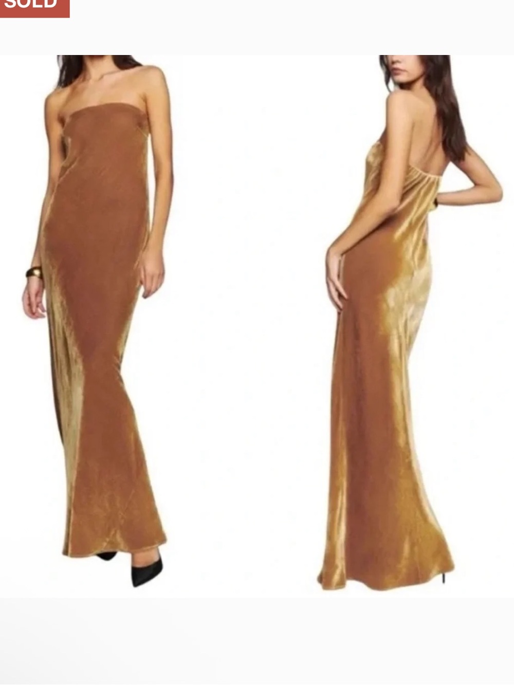 Reformation Sylvania Strapless Velvet Gown in Gold Brown
